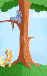 Size: 1600x2560 | Tagged: safe, artist:pajama-ham, derpibooru import, applejack, rainbow dash, earth pony, pegasus, pony, tree, watermark