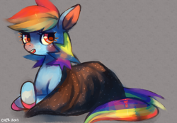 Size: 1280x891 | Tagged: safe, artist:cherivinca, derpibooru import, rainbow dash, pegasus, pony, blanket, blushing, crossed hooves, open mouth, red nosed, sick, solo