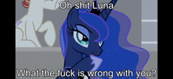 Size: 2436x1125 | Tagged: safe, edit, edited screencap, screencap, princess luna, alicorn, pony, horse play, background pony, image macro, meme, totally legit recap, vulgar