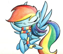 Size: 1128x960 | Tagged: safe, artist:getchanoodlewet, rainbow dash, pegasus, pony, clothes, eyes closed, flying, scarf, simple background, solo
