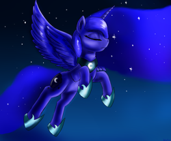 Size: 2300x1900 | Tagged: safe, artist:dukevonkessel, princess luna, alicorn, pony, ethereal mane, eyes closed, female, flying, hoof shoes, horn, mare, night, sky, solo, stars, wings