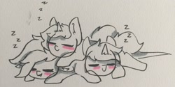 Size: 2448x1222 | Tagged: safe, artist:nootaz, oc, oc only, oc:amplitude, oc:game guard, oc:nootaz, bat pony, pony, unicorn, bat pony oc, pony pile, ponysona, sleeping, snuggling, traditional art, z, zzz