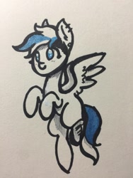 Size: 2448x3264 | Tagged: safe, artist:nootaz, oc, oc only, pegasus, pony, amputee, bandage, flying, missing limb, simple background, spread wings, stump, traditional art, white background, wings