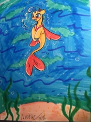 Size: 2448x3264 | Tagged: safe, artist:nootaz, princess skystar, seapony (g4), my little pony: the movie, bubble, open mouth, seashell necklace, signature, smiling, solo, traditional art, underwater, water