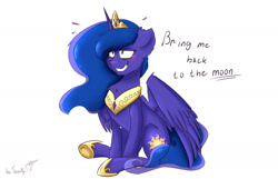 Size: 1280x824 | Tagged: safe, artist:tavifly, princess luna, alicorn, pony, a royal problem, alternate cutie mark, blushing, crown, female, grin, mare, nervous, nervous grin, peytral, regalia, simple background, sitting, smiling, solo, spread wings, white background, wings