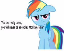 Size: 5000x4000 | Tagged: safe, rainbow dash, pegasus, pony, anti-bronybait, blurry, female, floppy ears, image macro, mare, solo, text