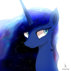 Size: 720x720 | Tagged: safe, artist:zidanemina, princess luna, alicorn, pony, female, mare, missing accessory, quickie, simple background, smiling, solo