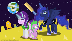 Size: 1672x964 | Tagged: safe, artist:kinrah, princess luna, spike, starlight glimmer, alicorn, dragon, pony, unicorn, atg 2018, cheese, cricket bat, female, food, magic, male, mare, moon, newbie artist training grounds, rocket, space, sweater vest, this already ended in a trip to the moon, this will end in pain, unamused, wallace and gromit