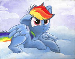 Size: 1000x793 | Tagged: safe, artist:tsebresos, rainbow dash, pegasus, pony, :o, filly, filly rainbow dash, floppy ears, looking at you, prone, solo, traditional art, underhoof