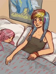 Size: 3000x4000 | Tagged: safe, artist:superlucky13, fluttershy, rainbow dash, bed, female, flutterdash, humanized, lesbian, shipping