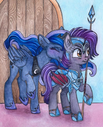 Size: 679x841 | Tagged: safe, artist:red-watercolor, princess luna, oc, oc:dawn sentry, alicorn, bat pony, armor, bat wings, blushing, clothes, door, female, horn, lesbian, mare, nuzzling, slippers, spear, watercolor painting, weapon, wings