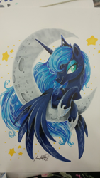 Size: 1152x2048 | Tagged: safe, artist:jadedjynx, princess luna, alicorn, pony, crescent moon, crown, female, jewelry, looking at you, moon, regalia, solo, tangible heavenly object, traditional art