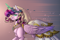 Size: 1500x1000 | Tagged: safe, artist:norica-official, princess cadance, queen chrysalis, alicorn, changeling, changeling queen, pony, a canterlot wedding, chest fluff, clothes, disguise, disguised changeling, dress, fake cadance, female, floral head wreath, flower, glowing eyes, glowing horn, mare, profile, slit eyes, smiling, smirk, solo, speedpaint available, wedding dress