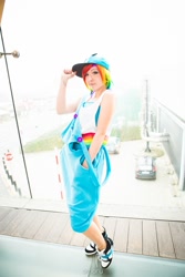 Size: 1000x1500 | Tagged: safe, artist:pichu-no-sekai, rainbow dash, human, cosplay, hat, irl, irl human, overalls, photo, solo