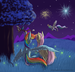 Size: 1855x1790 | Tagged: safe, artist:amandaam, derpibooru import, discord, fluttershy, princess celestia, rainbow dash, alicorn, firefly (insect), pegasus, pony, american independence day, female, fireworks, flutterdash, hug, independence day, lesbian, night, shipping, tree, winghug