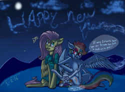 Size: 3279x2418 | Tagged: safe, artist:amandaam, derpibooru import, fluttershy, rainbow dash, oc, oc:prisom, pegasus, pony, clothes, female, flutterdash, glasses, grin, lesbian, magical lesbian spawn, moon, new year, night, offspring, parent:fluttershy, parent:rainbow dash, parents:flutterdash, shipping, shirt