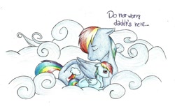 Size: 1024x651 | Tagged: safe, artist:twixyamber, derpibooru import, rainbow blaze, rainbow dash, pegasus, pony, cloud, father and child, father and daughter, filly, male, parent and child, traditional art, younger