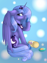 Size: 3344x4463 | Tagged: safe, artist:lunagalaxy2003, princess luna, alicorn, pony, cookie, cookie jar, crown, cute, female, food, hoof shoes, jewelry, mare, regalia, s1 luna, solo