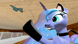 Size: 1920x1080 | Tagged: safe, artist:thefnafbrony, princess luna, alicorn, butterfly, pony, 3d, cabin, collar, cute, kitty suit, pet play, source filmmaker, tongue out