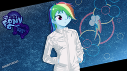 Size: 2560x1440 | Tagged: safe, artist:ngrycritic, derpibooru import, rainbow dash, equestria girls, clothes, hair over one eye, hoodie, solo, style emulation