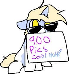 Size: 356x380 | Tagged: safe, artist:nootaz, oc, oc only, oc:nootaz, pony, unicorn, meta, milestone, mouth hold, sign, simple background, socks (coat marking), solo, sunglasses, transparent background