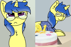 Size: 960x639 | Tagged: safe, artist:nootaz, oc, oc only, pony, unicorn, /hhh/, birthday candles, birthday gift, cake, chest fluff, food, glasses, older