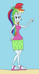 Size: 1009x1917 | Tagged: safe, artist:hunterxcolleen, derpibooru import, rainbow dash, human, equestria girls, beach, clothes, feet, grass skirt, hula, hula dance, huladash, humanized, one-piece swimsuit, sandals, solo, swimsuit