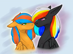 Size: 3150x2362 | Tagged: safe, artist:chrystal2288, artist:chrystal_company, oc, oc only, oc:darky wings, oc:kaspar, pegasus, pony, floppy ears, green eyes, hearts and hooves day, looking at each other, pink eyes