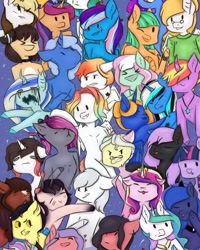 Size: 750x937 | Tagged: safe, artist:chrystal_company, princess cadance, princess celestia, princess luna, twilight sparkle, twilight sparkle (alicorn), oc, oc:nightmare chrystal, alicorn, anthro, earth pony, pegasus, unicorn, :d, :p, alicorn tetrarchy, clothes, colored hooves, d:, earth pony oc, ethereal mane, horn, jewelry, necklace, one eye closed, open mouth, pegasus oc, smiling, starry mane, tongue out, unicorn oc, wings, wink
