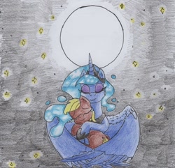 Size: 764x735 | Tagged: safe, artist:kuroneko, derpibooru exclusive, princess luna, alicorn, earth pony, pony, colored pencil drawing, crying, duo, eyes closed, female, foal, hug, male, moon, night, stars, traditional art