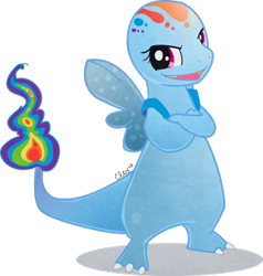 Size: 900x947 | Tagged: safe, artist:ellisarts, derpibooru import, rainbow dash, charmander, charmbow dash, fusion, pokefied, pokémon, rainbow fire, simple background, solo, species swap, transparent background, vector