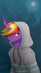 Size: 1217x2160 | Tagged: safe, artist:chrystal_company, oc, oc only, anthro, unicorn, abstract background, cigarette, clothes, curved horn, hoodie, horn, solo, unicorn oc