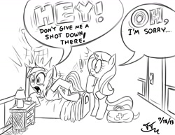 Size: 1540x1190 | Tagged: safe, artist:tomtornados, fluttershy, rainbow dash, pegasus, pony, anatomically incorrect, ass up, bed, comic, disney, female, grammar rock, incorrect leg anatomy, interjections, literal butthurt, mare, monochrome, needle, nurse, pain, rearing, schoolhouse rock, syringe