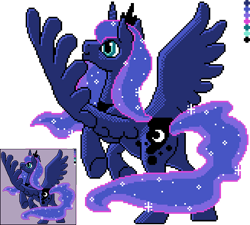 Size: 491x442 | Tagged: safe, artist:rugissang, princess luna, alicorn, pony, female, mare, pixel art, simple background, solo, spread wings, transparent background, wings