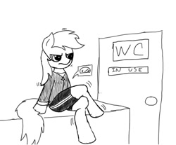 Size: 830x686 | Tagged: safe, artist:likesowet100, rainbow dash, pegasus, pony, bathroom, bladder gauge, clothes, crossed legs, desperation, monochrome, need to pee, omorashi, potty dance, potty emergency, potty time, solo, trotting in place