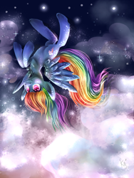 Size: 1500x2000 | Tagged: safe, artist:karmamoonshadow, derpibooru import, rainbow dash, pegasus, pony, flying, solo, spread wings