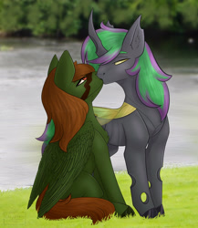 Size: 3071x3543 | Tagged: safe, artist:chrystal_company, oc, oc only, changeling queen, pegasus, pony, changeling queen oc, colored hooves, double colored changeling, kissing, oc x oc, outdoors, pegasus oc, shipping, wings