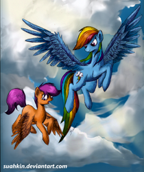 Size: 1700x2028 | Tagged: safe, artist:suahkin, rainbow dash, scootaloo, pegasus, pony, female, flying, mare, wings