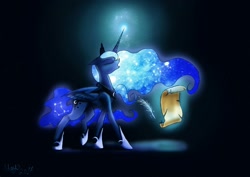 Size: 1754x1240 | Tagged: safe, artist:mayamermaid, princess luna, alicorn, pony, black background, comparison, draw this again, ethereal mane, eyes closed, female, magic, mare, simple background, solo