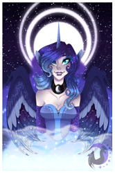 Size: 1790x2702 | Tagged: safe, artist:djspark3, princess luna, human, alicorn humanization, bat wings, fangs, female, horned humanization, humanized, slit eyes, smiling, solo, winged humanization