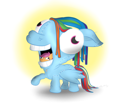 Size: 3400x2900 | Tagged: safe, artist:wonder-waffle, idw, rainbow dash, scootaloo, pegasus, pony, clothes, costume, nightmare fuel, obsession, pony costume, scootobsession