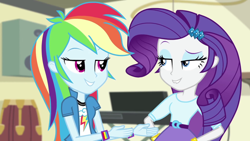 Size: 1280x720 | Tagged: safe, derpibooru import, edit, edited screencap, screencap, rainbow dash, rarity, equestria girls, rainbow rocks, implied raridash, lip bite