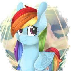 Size: 1000x1000 | Tagged: safe, artist:scroll-with-feather, derpibooru import, rainbow dash, pegasus, pony, cloud, cloudy, female, fluffy, large ears, looking at you, sky, smiling, solo