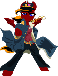 Size: 1374x1793 | Tagged: safe, artist:nootaz, oc, oc:red flame, bat pony, pony, unicorn, commission, cool, jojo's bizarre adventure, jotaro kujo, ko-fi, png, pointing, solo, standing, wings, yare yare daze