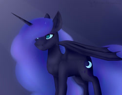 Size: 1920x1500 | Tagged: safe, artist:chrystal_company, nightmare moon, alicorn, bat pony, bat pony alicorn, pony, bat wings, ethereal mane, female, gradient background, horn, mare, solo, starry mane, wings