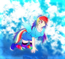 Size: 700x643 | Tagged: safe, artist:stardust5314, rainbow dash, breasts, eared humanization, female, flying, humanized, pixiv, rainboob dash, solo, tailed humanization, winged humanization