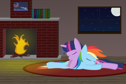 Size: 10000x6667 | Tagged: safe, artist:joey, rainbow dash, twilight sparkle, pegasus, pony, unicorn, absurd resolution, cuddling, cute, eyes closed, female, fireplace, lesbian, mare, night, on top, picture, pony pillow, prone, rug, shipping, sleeping, smiling, snuggling, twidash, window