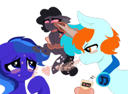 Size: 1740x1280 | Tagged: safe, artist:nootaz, oc, oc:blue, oc:cloud, oc:dazzling flash, changeling, unicorn, blushing, changeling oc, collar, couple, female, gay, headphones, heart, magic, male, mare, stallion, third wheel, vape