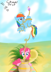 Size: 1061x1500 | Tagged: safe, artist:chaosdrop, derpibooru import, pinkie pie, rainbow dash, earth pony, pegasus, pony, bondage, cupcake, food, musical instrument, rope, rope trick, snake charming, tuba