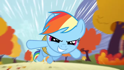 Size: 1280x720 | Tagged: safe, derpibooru import, screencap, rainbow dash, pegasus, pony, fall weather friends, flying, rope, solo